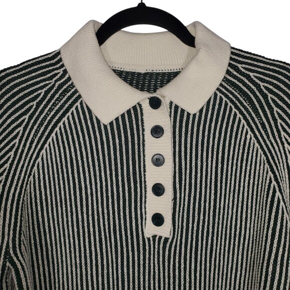 Retro Collared Knit Sweater Women's M White Green Vertical Stripes Pullover - Picture 2 of 5